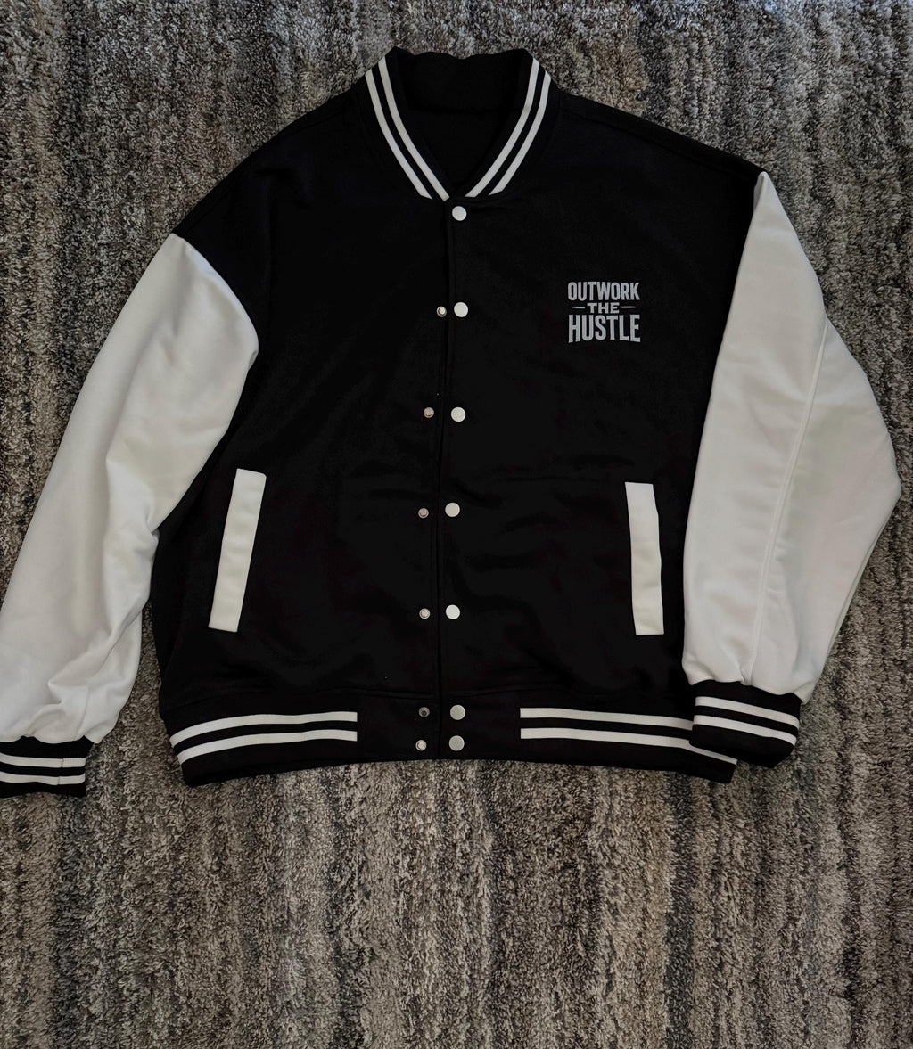Outwork The Hustle Varsity Jacket: Black & White Letterman Style