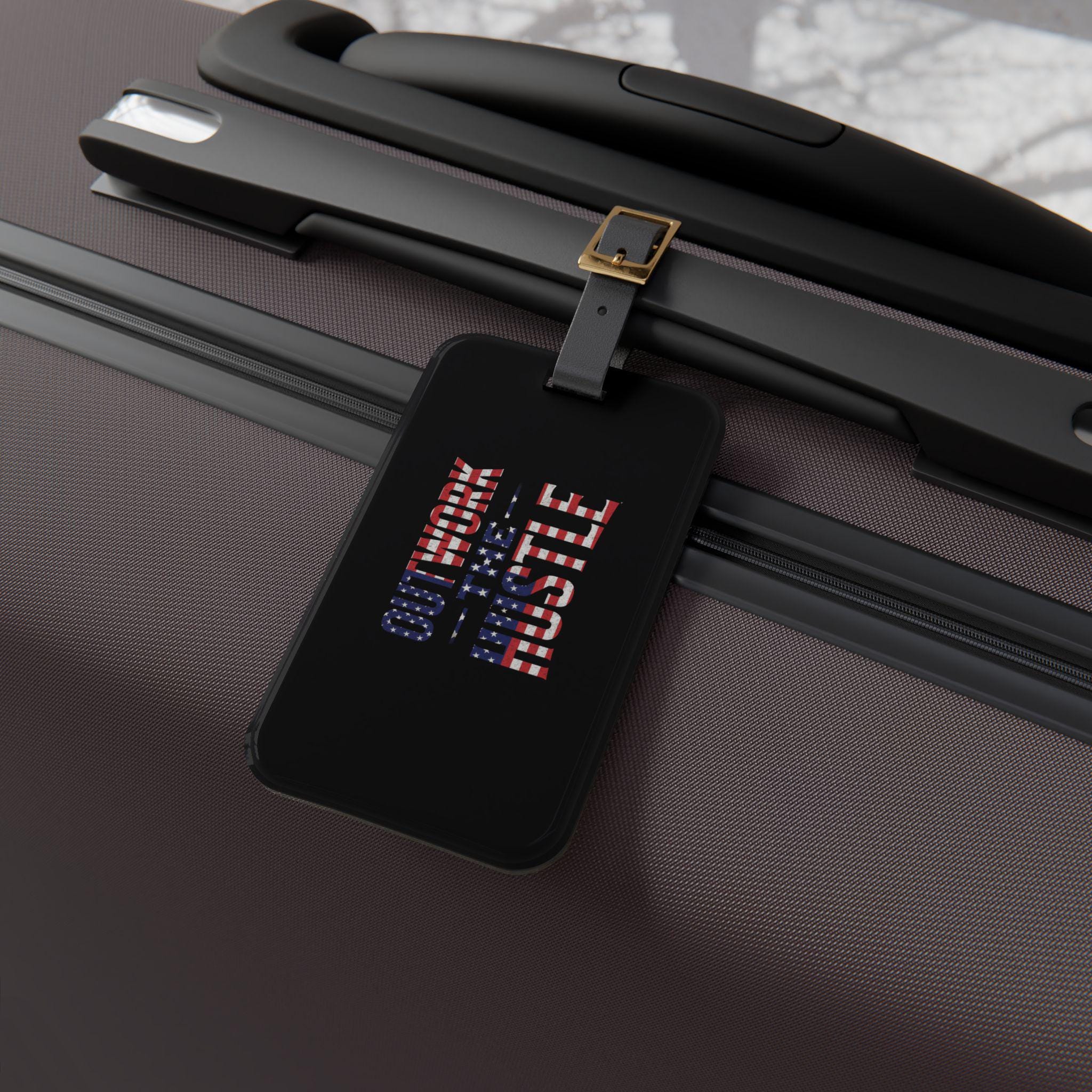 Patriotic Luggage Tag for Hustlers | Travel Accessory | Work Hard Play Hard | Gift for Travelers | American Flag Design
