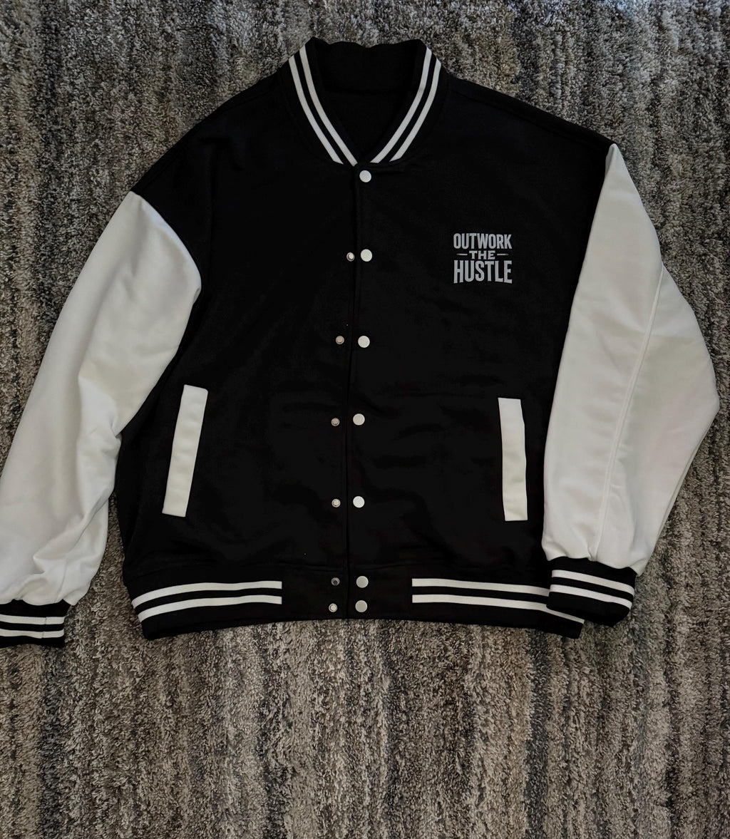 Outwork The Hustle Varsity Jacket: Black & White Letterman Style