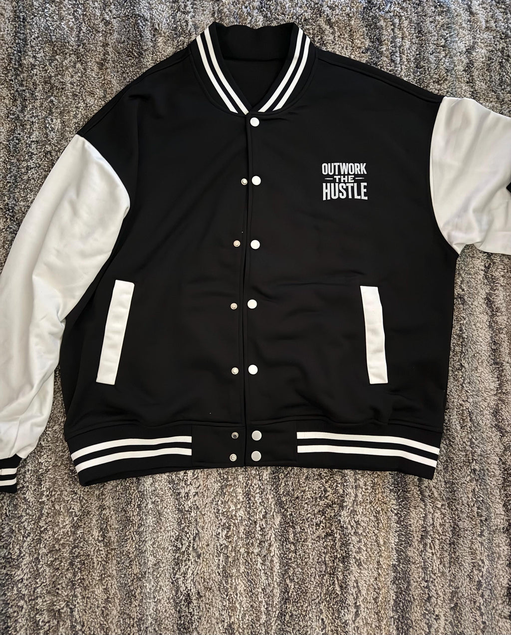 Outwork The Hustle Varsity Jacket: Black & White Letterman Style