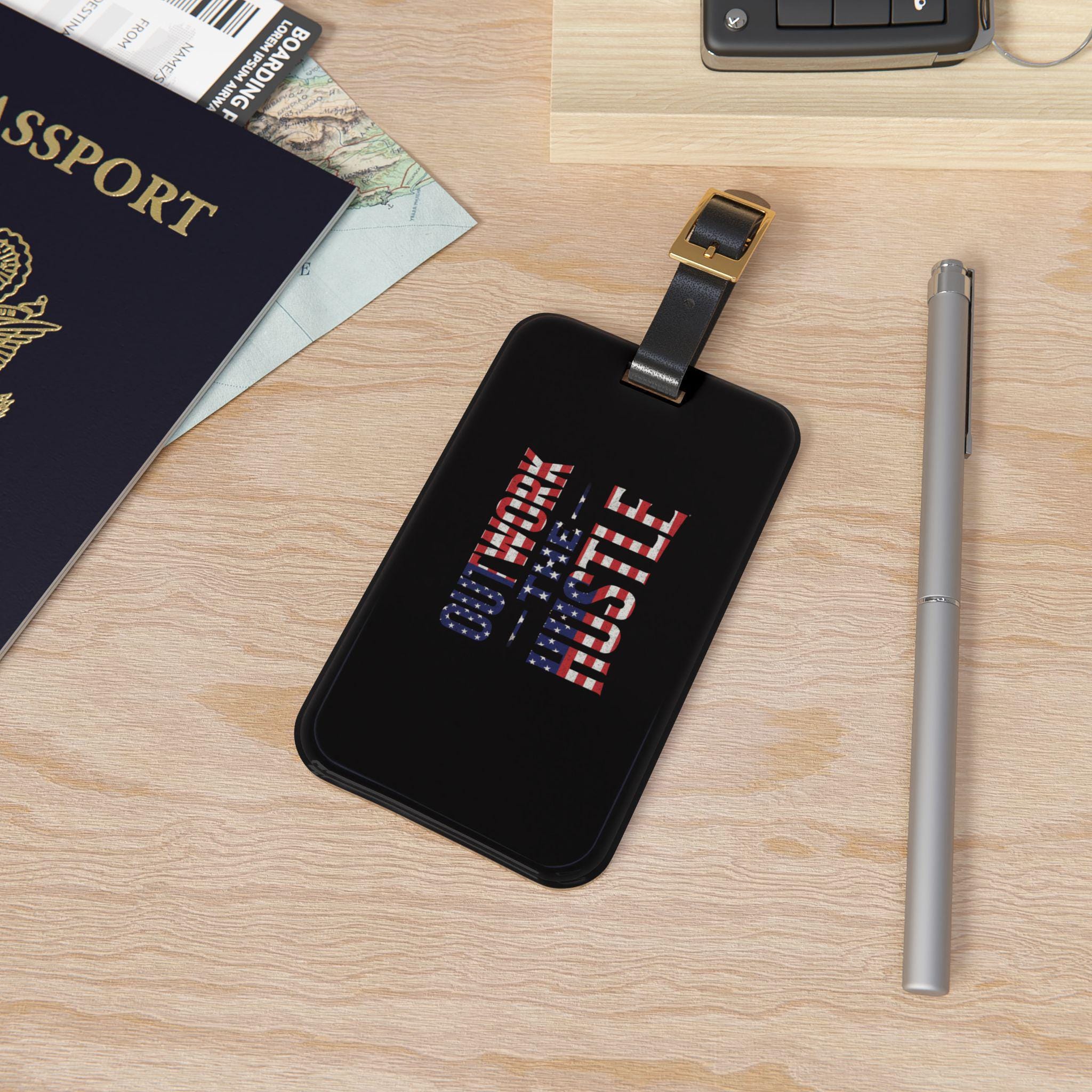 Patriotic Luggage Tag for Hustlers | Travel Accessory | Work Hard Play Hard | Gift for Travelers | American Flag Design